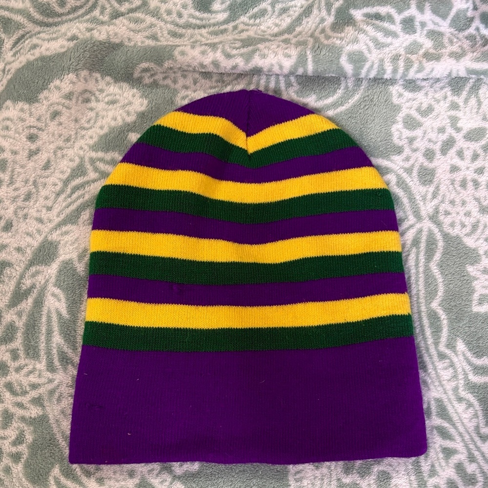 Striped Purple, Yellow, and Green Beanie